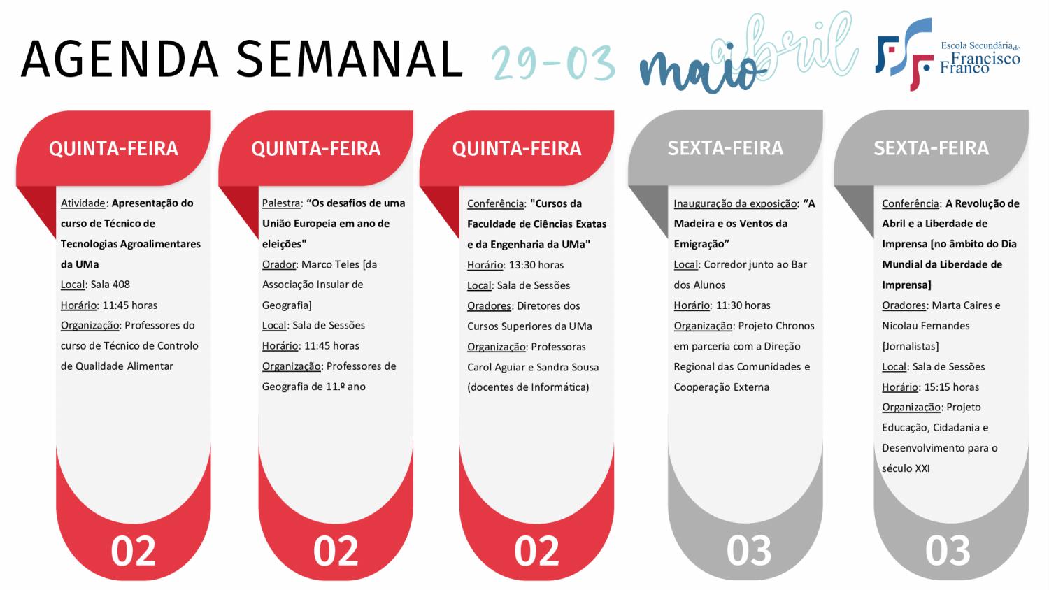 Agenda semanal da Francisco Franco com destaque para a Feira do Livro