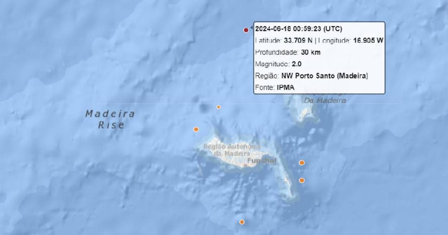 Sismo de magnitude 2.0 registado a noroeste do Porto Santo