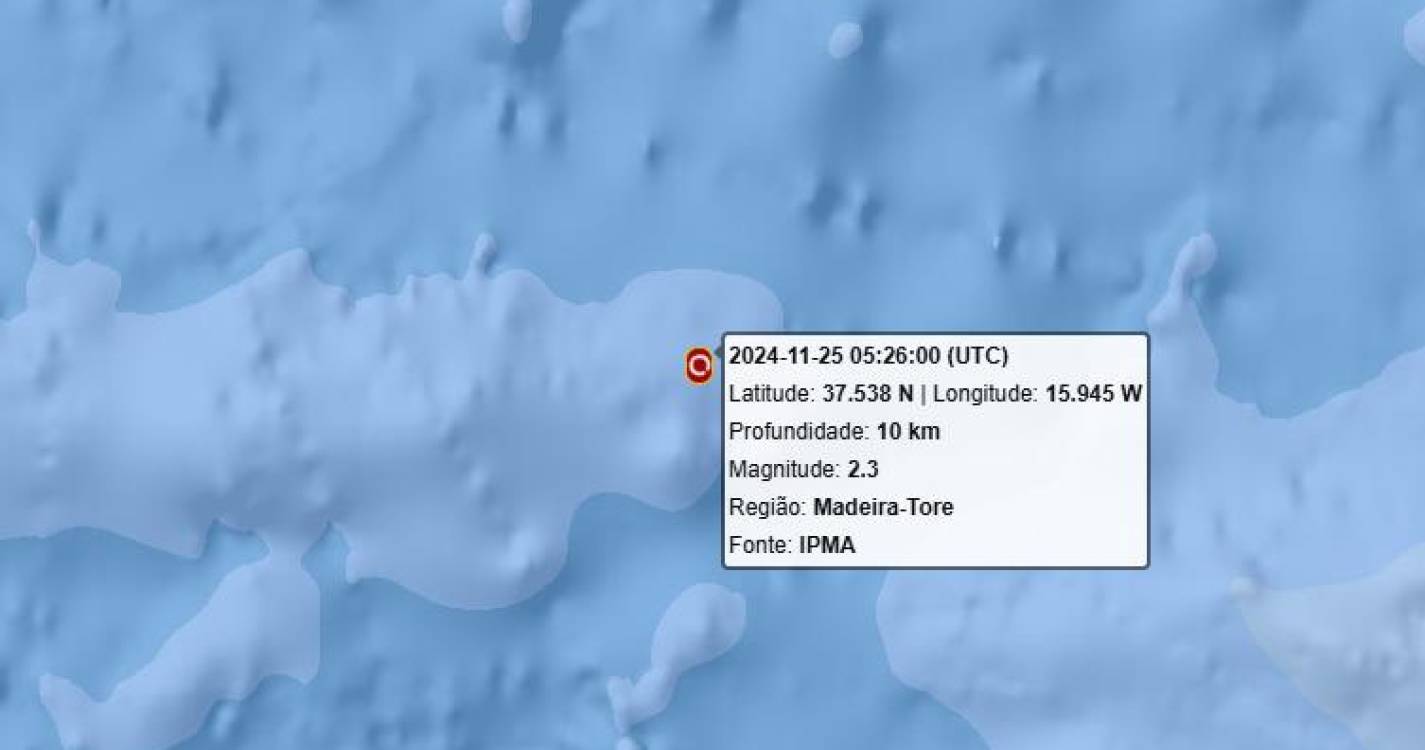 Sismo de magnitude 2.3 registado na área da Madeira-Tore