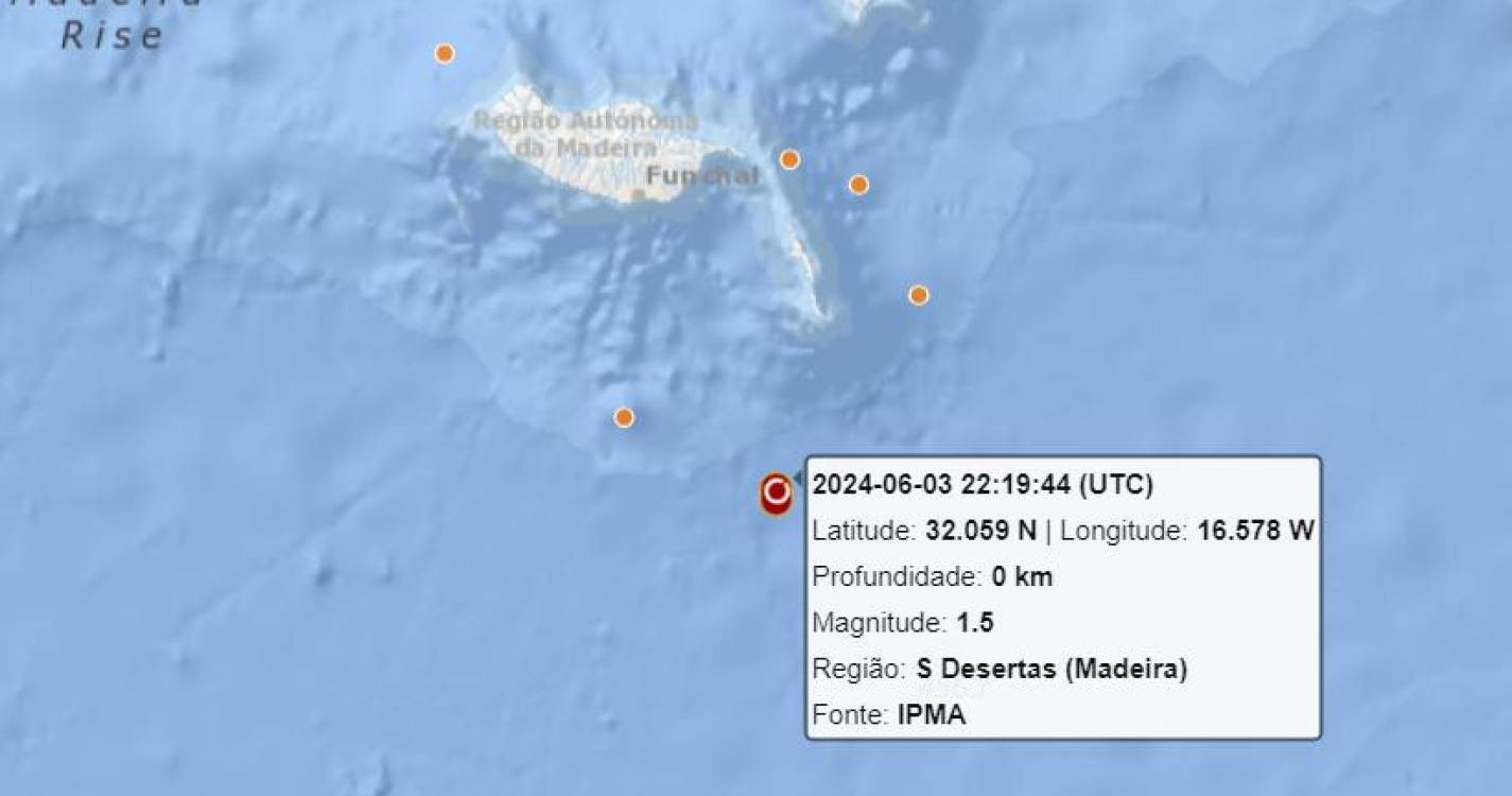 Sismo de magnitude 1.5 registado a sul das Desertas