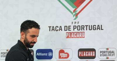 O treinador da equipa do Sporting CP, Rúben Amorim, durante a conferência de imprensa de antevisão do jogo com o FC Porto, para a final da Taça de Portugal.