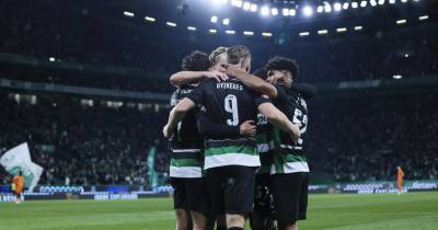 Jogadores do Sporting festejam, em Alvalade, durante o jogo frente ao Boavista, a contar para a Liga Portuguesa.