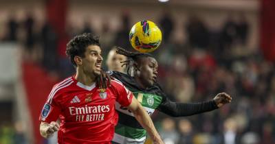 Sporting´s Quenda (R) fights for the ball with Benfica's Tomas Araujo during their League Cup final soccer match held at Magalhaes Pessoa Stadium, in Leiria, Portugal, 11 January 2025. PAULO NOVAIS/LUSA