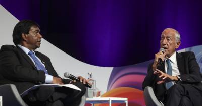O Presidente da República, Marcelo Rebelo de Sousa, acompanhado pelo congénere das Maurícias, Prithvirajsing Roopun, durante o ‘EurAfrican Forum 2024’, na NOVA SBE, em Carcavelos.