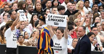 As jovens, que vestiam ‘t-shirts’ e exibiam cartazes onde se lia, em italiano e inglês “As touradas são pecado”, terão saído do corredor central da sala Paulo VI, no Vaticano, a gritar.